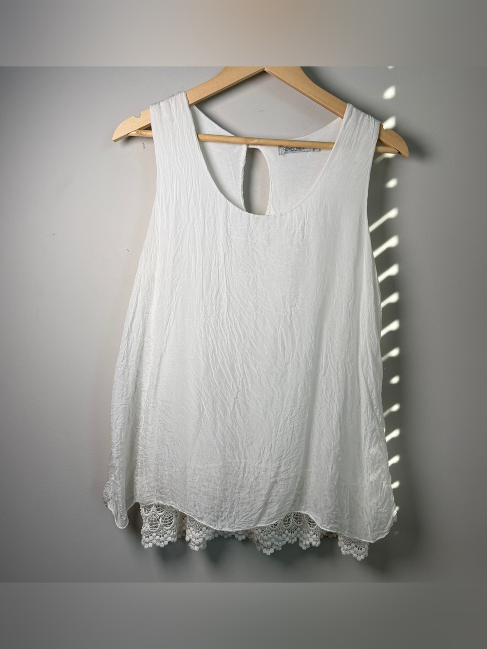 Elena Baldi 100% Silk Tank Top | Size M | White Crinkle Cotton Lace | Boho Luxe